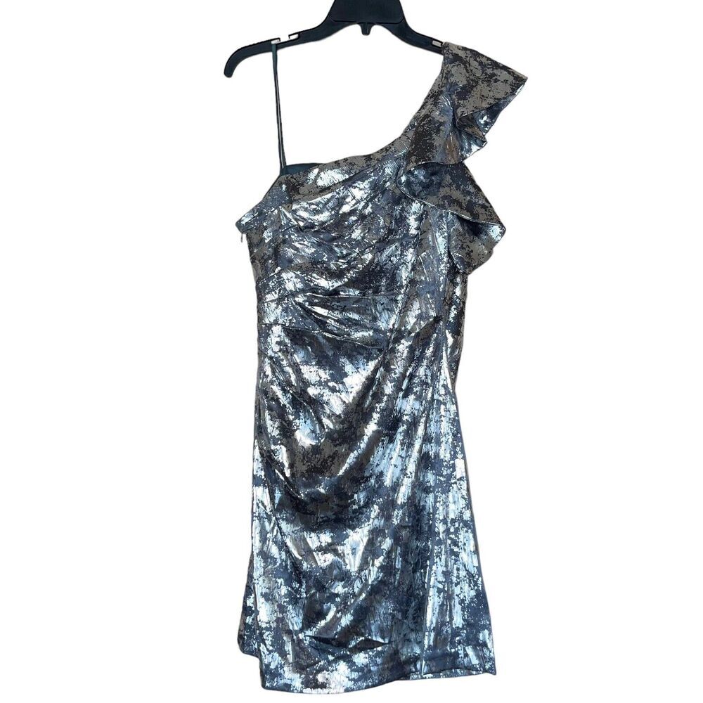 One Shoulder Y2K Dress Ruffle Ruched Metallic - Picture 4 of 10